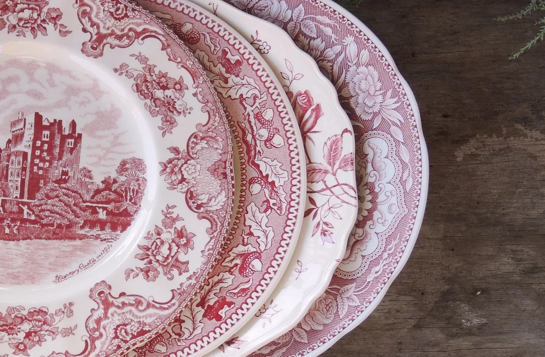 Mismatched Pink White Transferware Dinner Plates Set of 4 - Etsy | Etsy (US)