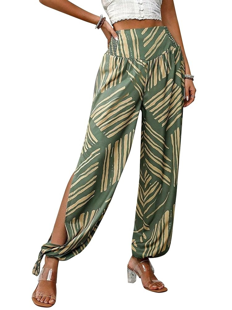 Women's Boho High Waist Split Knot Hem Long Pants Flowy Harem Yoga Pants | Amazon (US)