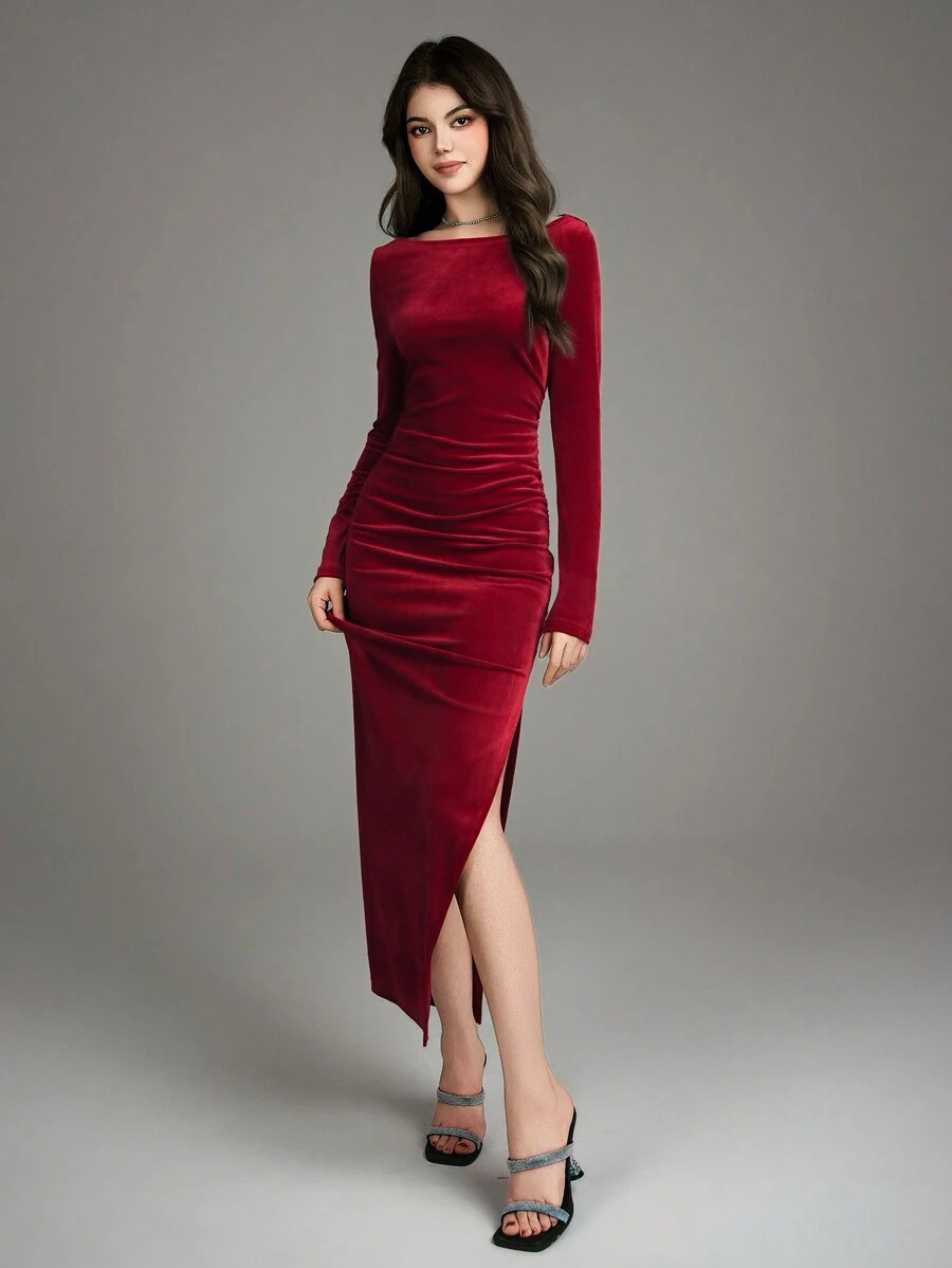 Teen Girl Elegant Off-Shoulder Velvet Long Dress For Teenage Girls, Christmas Holiday | SHEIN