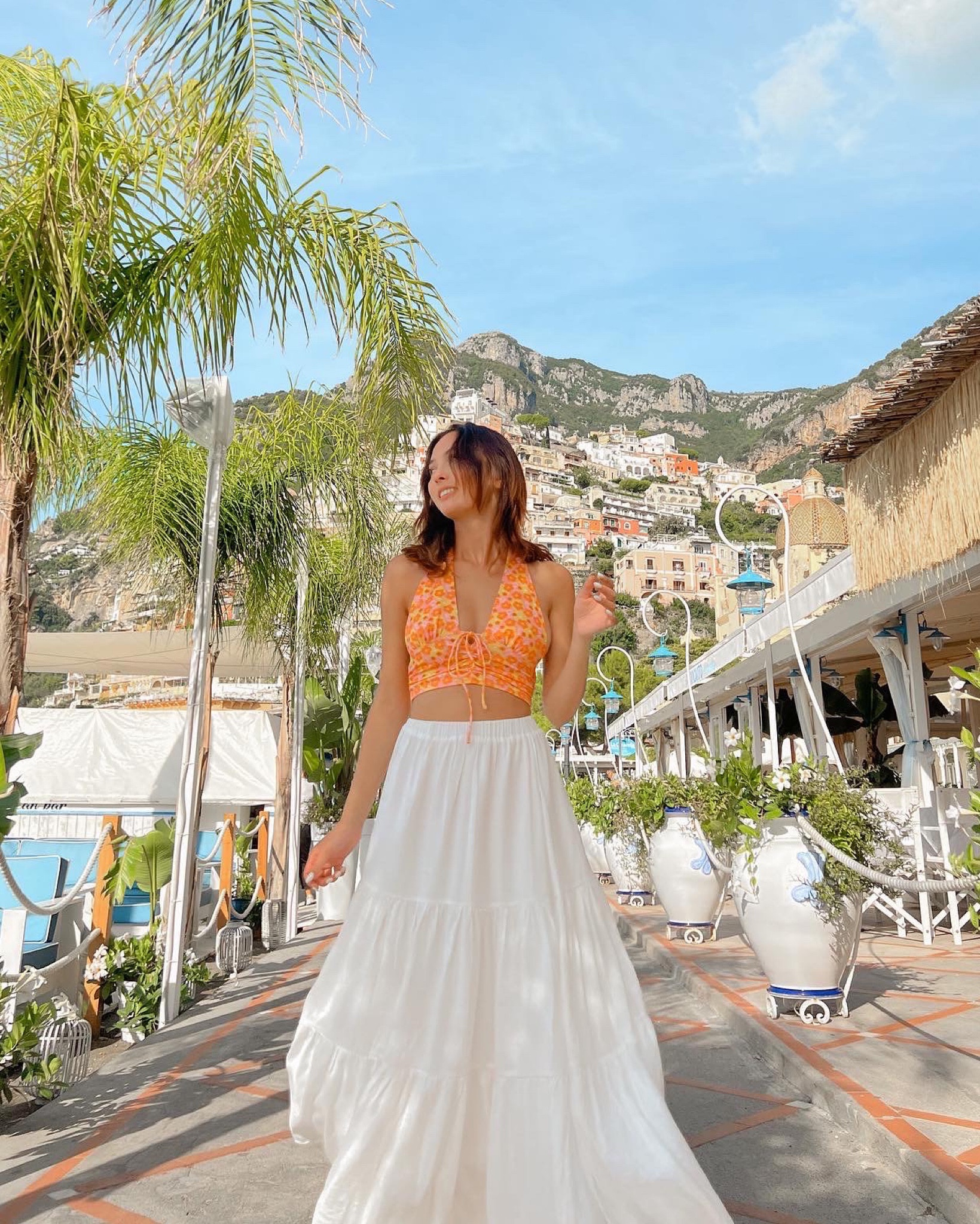 white maxi skirt white skirt spring skirt summer skirt orange swim top orange crop top orange halter top orange floral halter top orange bralette