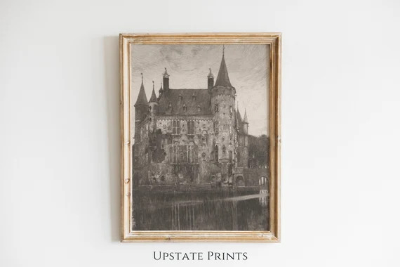 Antique Castle Architecture Drawing  Black and White Art - Etsy | Etsy (US)