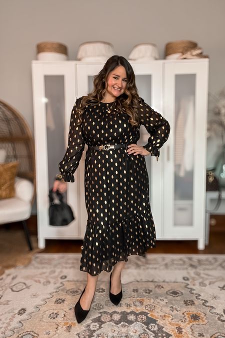 Get ready for holiday parties in this gorgeous long sleeve midi dress! 

I love the golden polka dots for something extra!

I’m wearing an L!

Paired with an elastic belt and black pumps

Midsize
Curvy 
Midi dress
Long sleeve dress
Christmas dress
New years dress
Black dress
Amazon dress


#LTKSeasonal #LTKmidsize #LTKHoliday