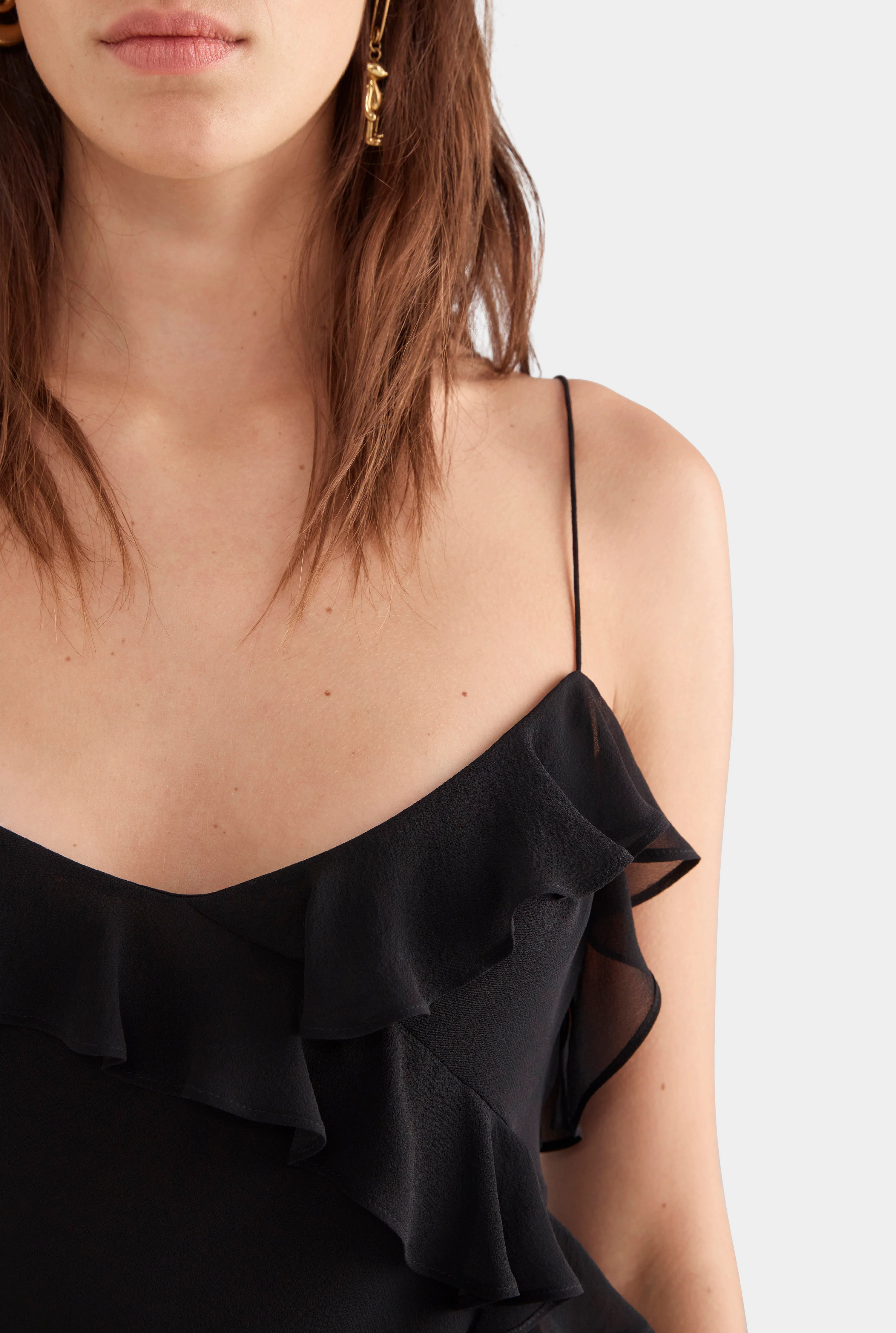Womens Silk Ruffle Slip Dress in Black | Venroy | Venroy AU