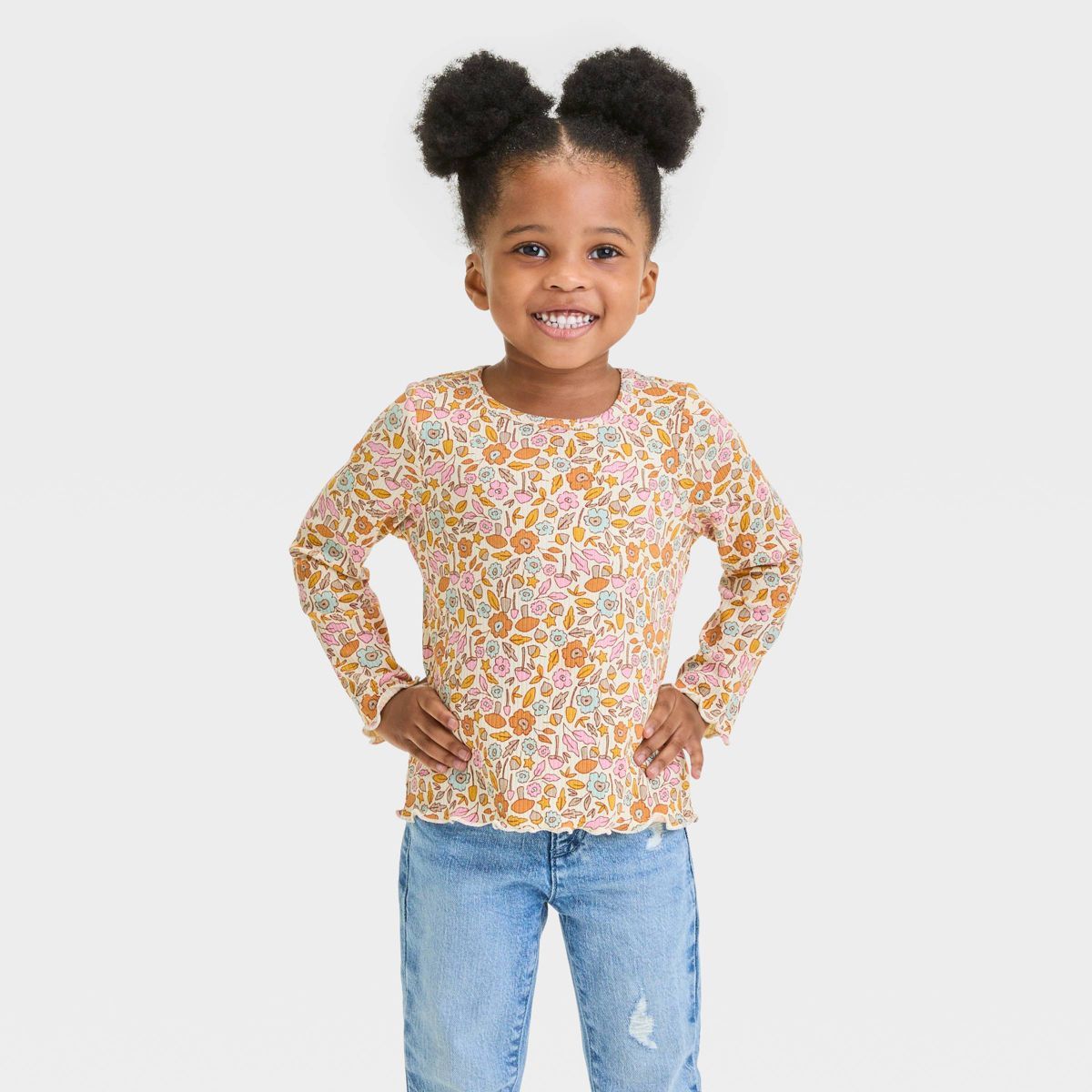 Toddler Girls' Floral Ribbed Long Sleeve T-Shirt - Cat & Jack™ Cream | Target