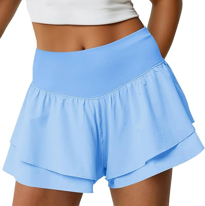 Fisoew Womens High Waisted Athletic Shorts Ruffle Tiered Running Workout Tennis Shorts with Build... | Amazon (US)