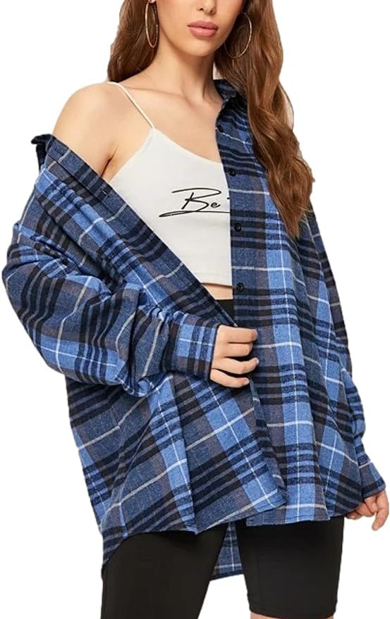 HangNiFang Womens Flannel Plaid Shirts Oversized Button Down Shirts Blouse Tops | Amazon (US)