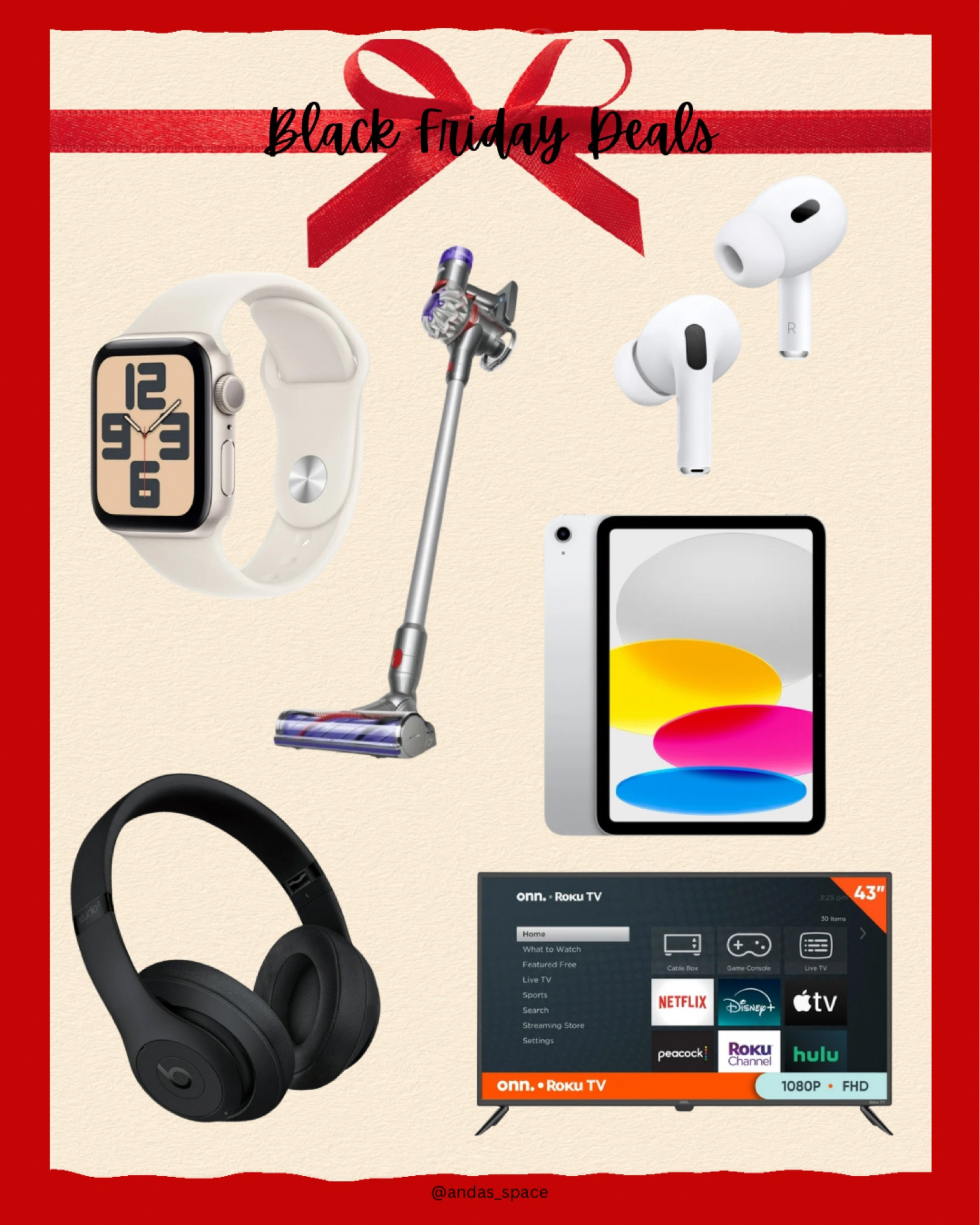 Walmart Black Friday. iPad. Beats headphones. Apple Watch. Apple AirPods. Dyson vacuum.