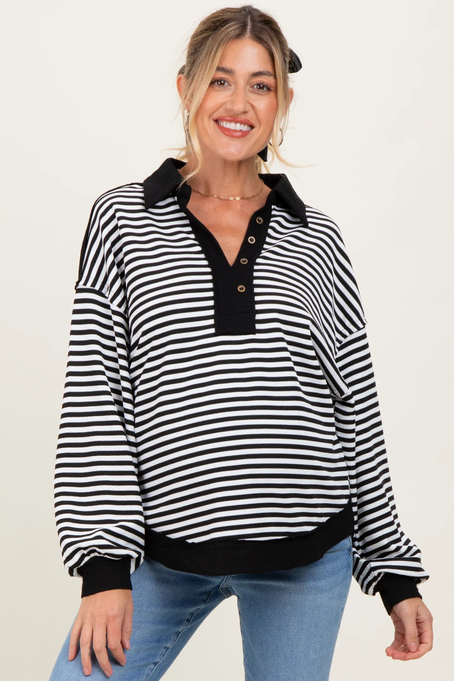 Black Striped Oversized Collared Pullover Maternity Top | PinkBlush Maternity
