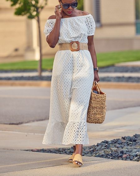 Everyone needs a white off-shoulder eyelet cotton tiered maxi dress for the Summer! This one fits true to size. I'm wearing a size M. Summer dress, white dress style, raffia accessories, raffia tote bag, casual dress outfit, Macy's dress, Franco Sarto, Target style

#LTKstyletip #LTKover40 #LTKmidsize