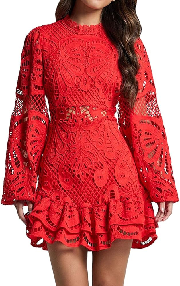Women's Hollow Out Floral Lace Dress Fashion Embroidered Long Lantern Sleeve Mini Dress Summer Mo... | Amazon (US)
