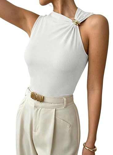 EVALESS Womens Sleeveless Asymmetric Neck Tank Tops Elegant Metal Decor Ribbed Fitted Summer Basic Slim Cute Vest 2026 White 2XL | Amazon (US)