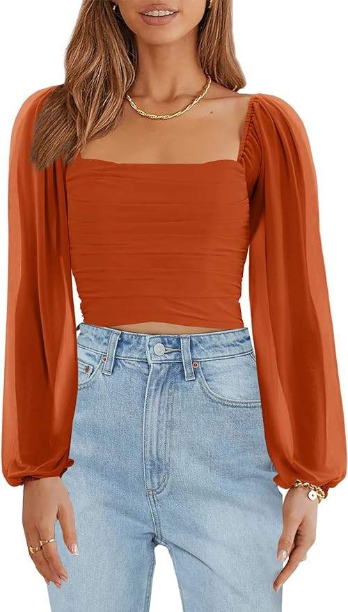 Wenrine Womens Mesh Long Sleeve Crop Tops Night Going Out Square Neck Off The Shoulder Ruched Shi... | Amazon (US)