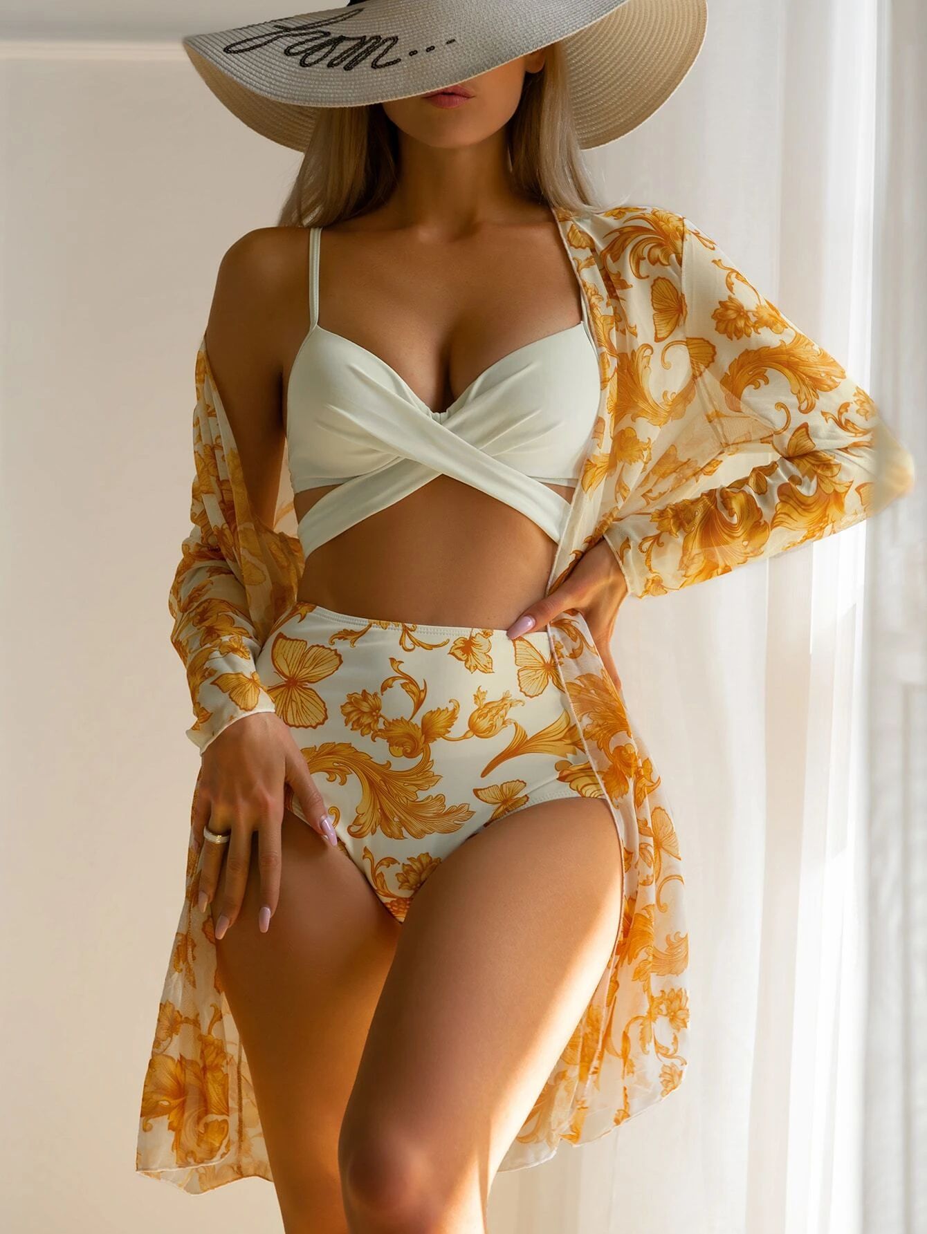 Butterfly Print Wrap Cross Push Up Underwire Bikini Swimsuit & Kimono | SHEIN