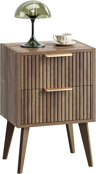 YAUKOMEL Mid Century Modern Nightstand,Small Bedside Table with 2 Drawers,Fluted Side Table,Walnu... | Amazon (US)