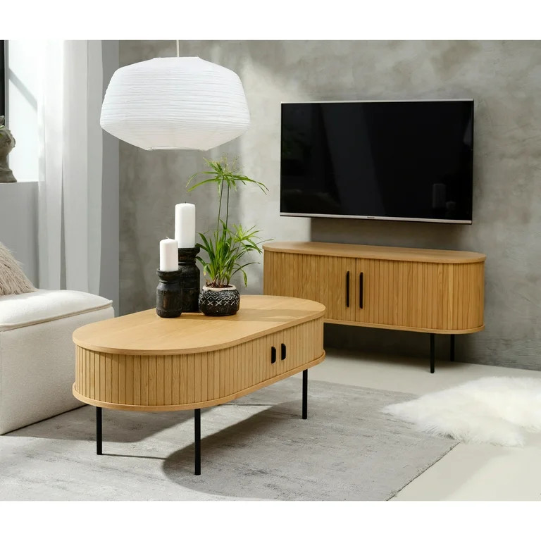 Rye Studio  Nicola Mid-Century Modern Rounded Sliding Door Coffee Table 47x24 Natural Oak | Walmart (US)