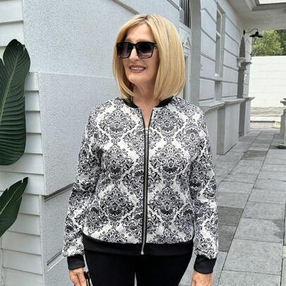 Dames casual bomberjack met rits, lange mouwen en all-over print en patchwork | SHEIN