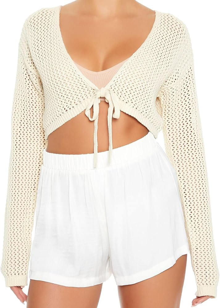 Women's Tie Front Crop Tops Long Sleeve Knit Crochet Cardigan Lightweight Shrug Sweaters Summer H... | Amazon (US)