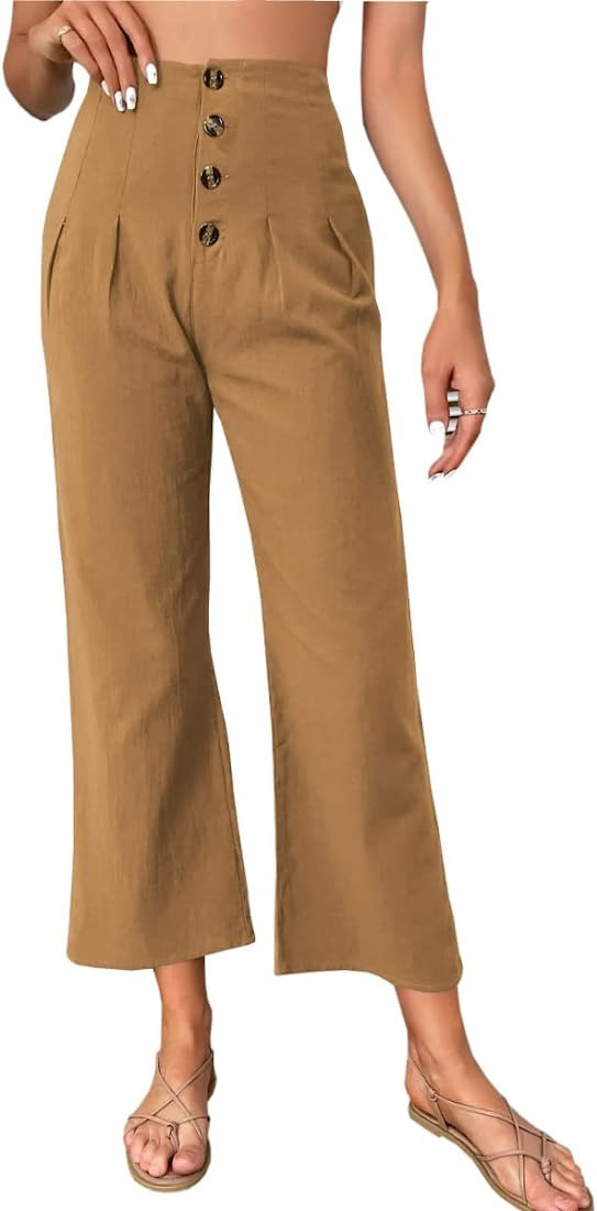 Grlasen Women Wide Leg Linen Pants High Waist Button up Capris Casual Slacks Office Trousers | Amazon (US)
