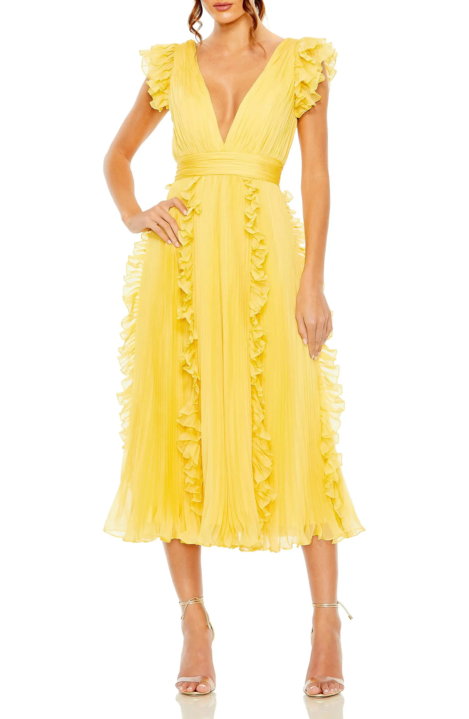 Mac Duggal Pleated Chiffon V Neck Ruffle Midi Dress | Nordstrom | Nordstrom