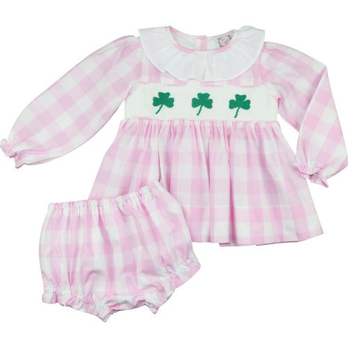 Pink Buffalo Check Smocked Shamrock Diaper Set | Cecil and Lou