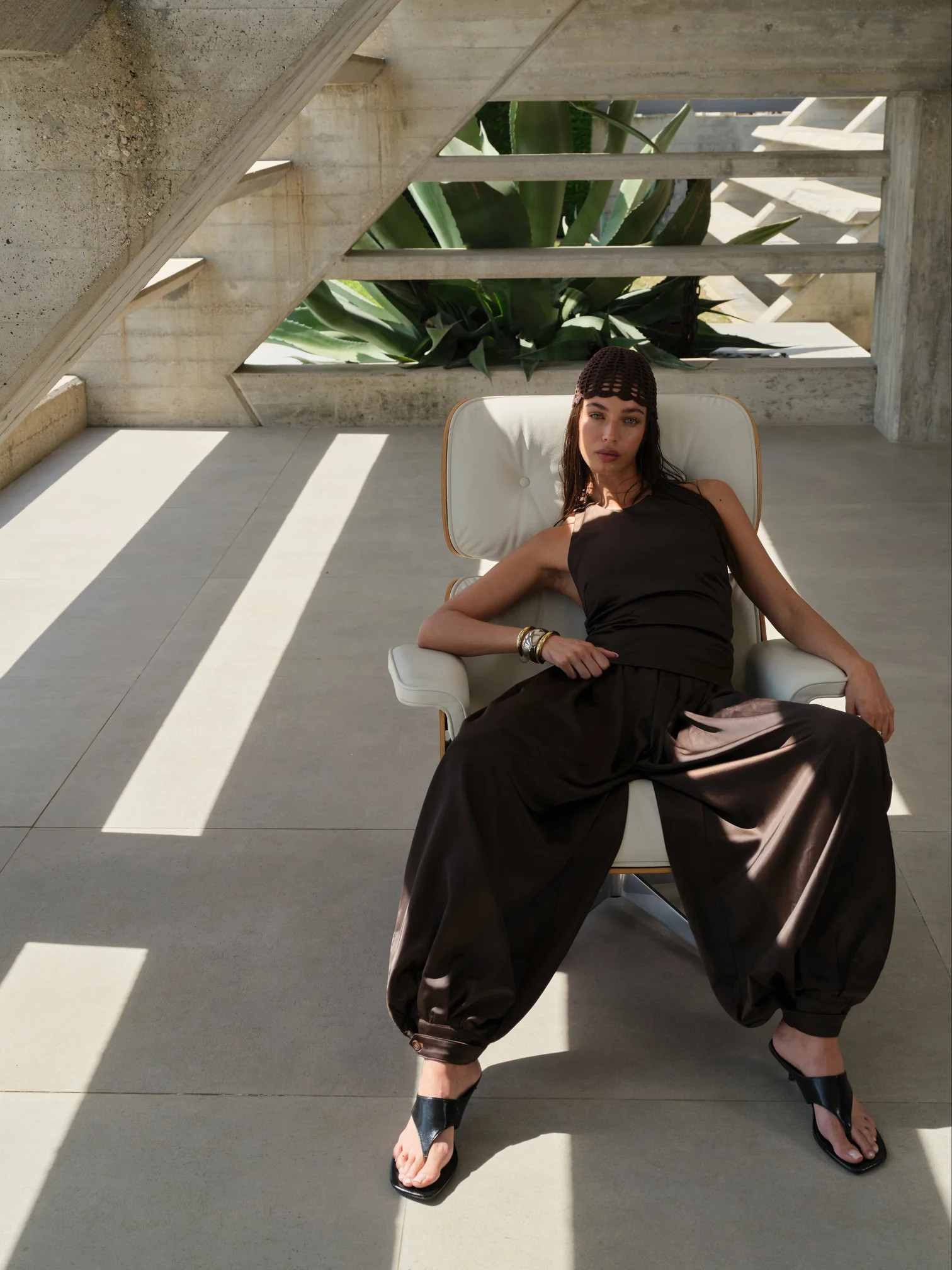 SATIN GATHERED BALLOON TROUSERS - CHOCOLATE | The Couture Club