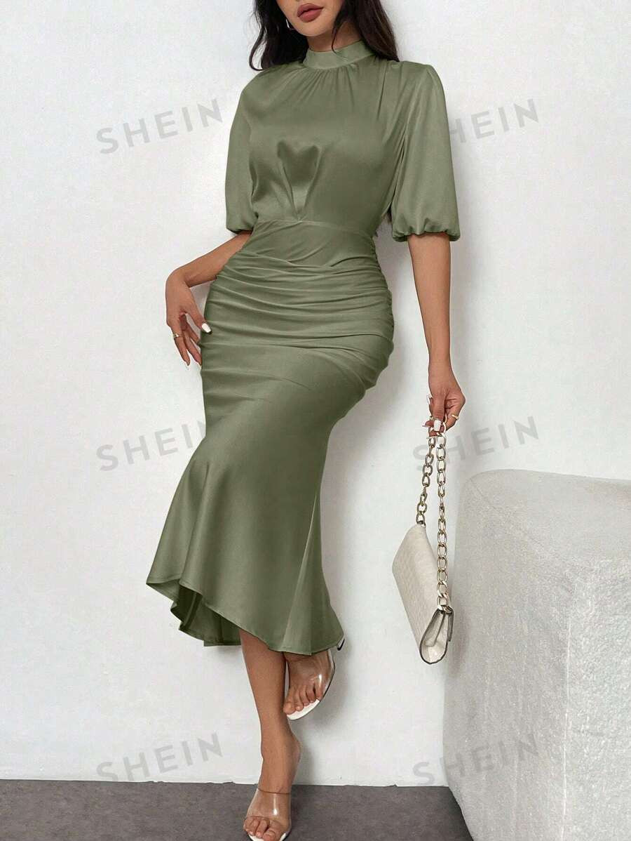 SHEIN Privé Women's Summer Solid Color Stand Collar Elegant Puff Sleeve Cinched Waist Fishtail S... | SHEIN