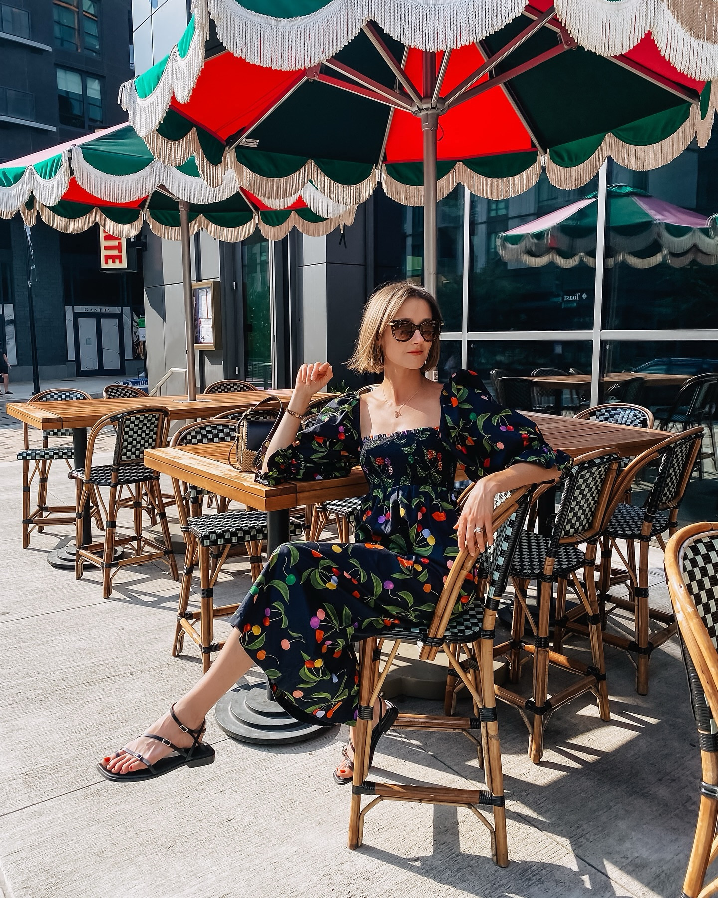 This dress has such a fun multicolored cherry print. I love it styled with flat strappy sandals and a rattan bag. 

#LTKShoeCrush #LTKItBag #LTKStyleTip