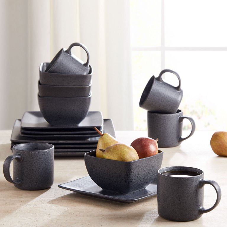 Better Homes & Gardens Dark Gray Square-Shaped 16-Piece Dinnerware Set | Walmart (US)