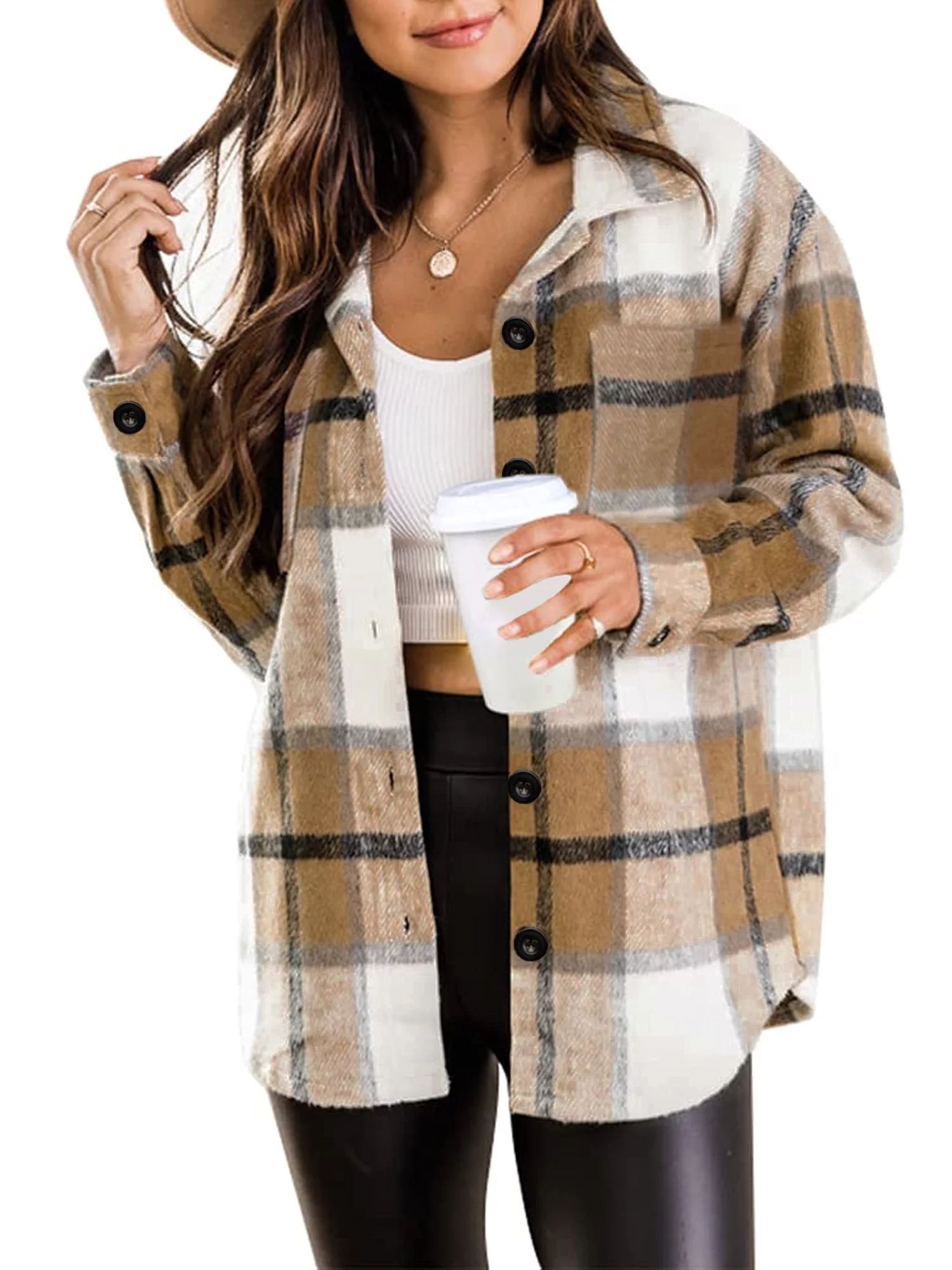 Womens Flannel Shirts Button Down Shacket Jacket Plaid Shirts for Women Blouses Coats | Walmart (US)