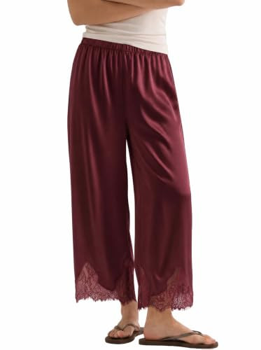 Tankaneo Womens Silk Satin Pants Wide Leg Lace Elastic Pajama Lounge Pants | Amazon (US)
