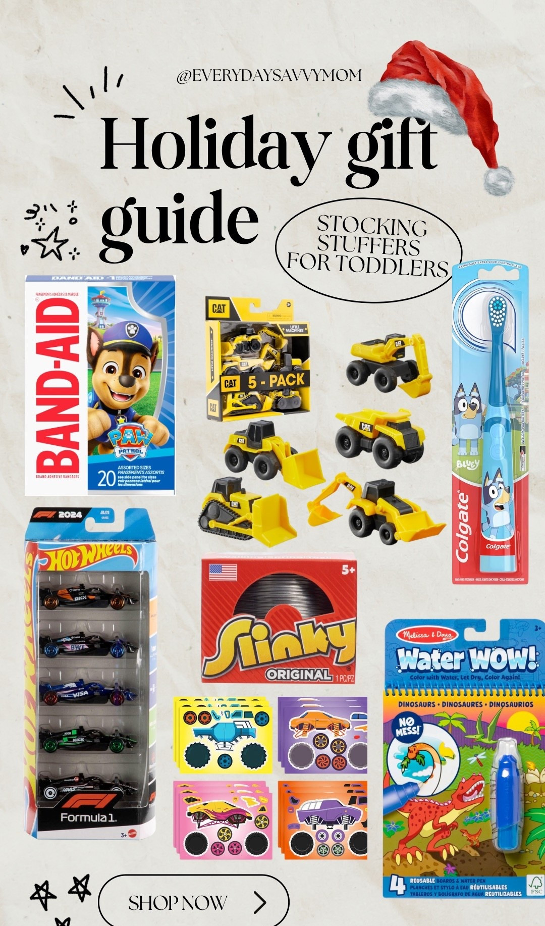 🎄 Toddler Stocking Stuffers Gift Guide 🎁
Sharing some of my favorite affordable boy toddler stocking stuffer ideas that are always a hit! Perfect for holiday gifting, travel activities, and keeping little hands busy. These are mom-approved, budget-friendly, and all from brands we love.

✨ Toddler Favorites Included:
• CAT mini construction trucks set 🚧
• Hot Wheels Formula 1 cars 🏎️
• Melissa & Doug Water Wow (no-mess coloring!)
• Slinky classic toy
• Monster truck stickers
• Paw Patrol Band-Aids
• Bluey kids toothbrush

If you’re shopping for toddler Christmas gifts, easy stocking stuffer ideas, or simple holiday gift ideas for kids, these are all perfect options that ship fast and won’t break the bank. 🎅🏼💛

🛒 Shop all toddler stocking stuffers here

#LTKmomlife #LTKGiftGuide #LTKKids