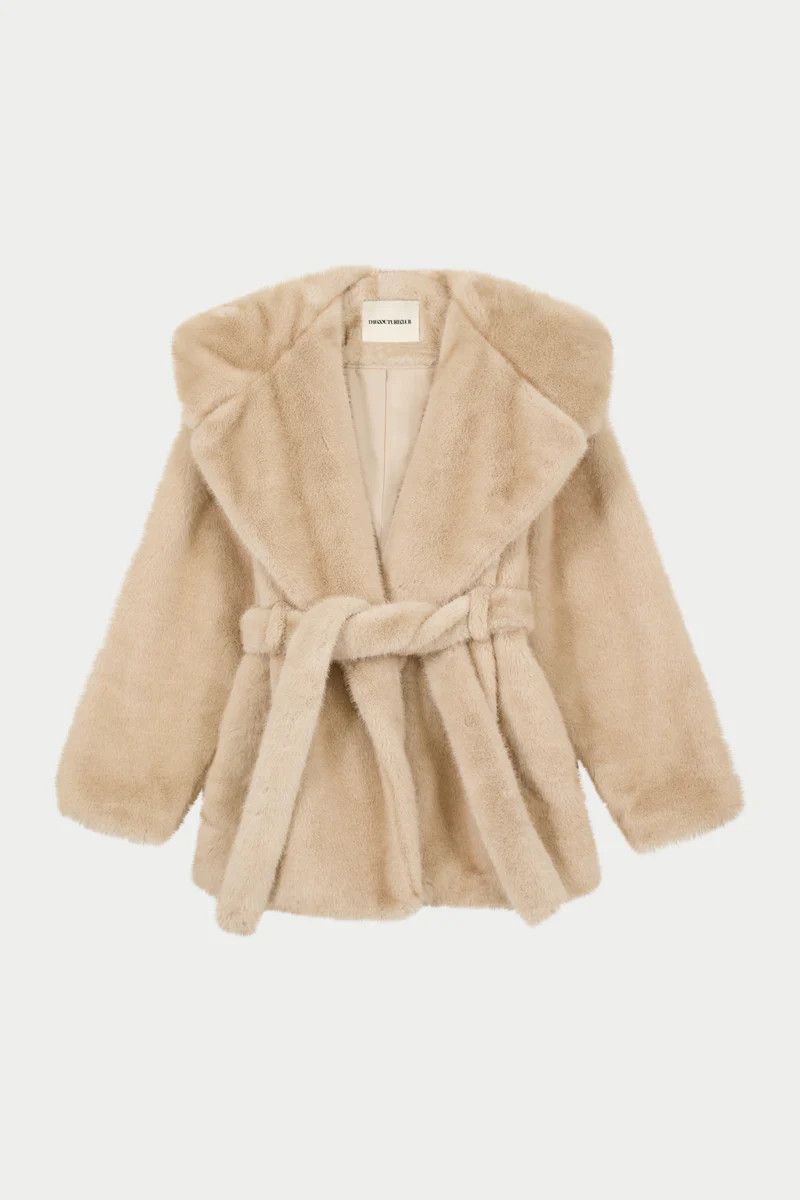 BELTED FAUX FUR HOODED COAT - BEIGE | The Couture Club