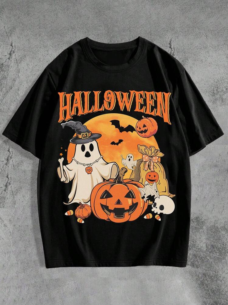 SHEIN Tween Boy Casual Minimalist Halloween Element Pattern Loose Fit Short Sleeve Crew Neck T-Sh... | SHEIN