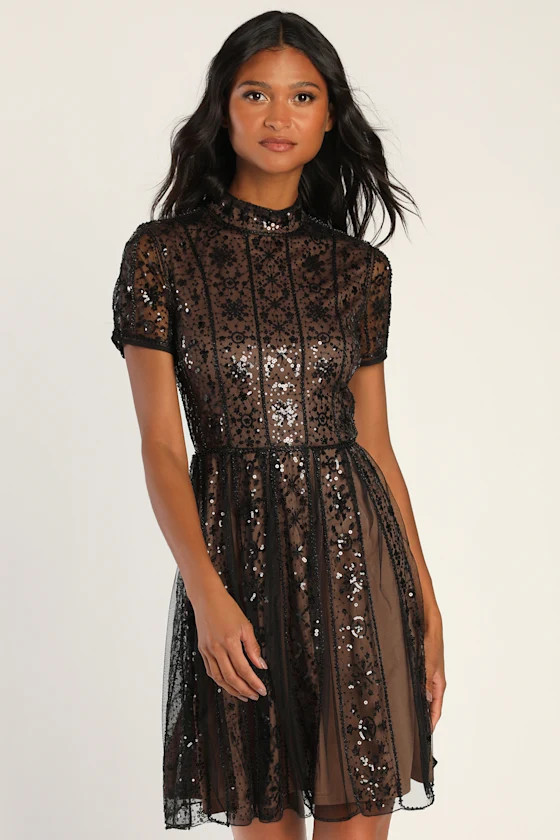Enchanting Vibe Black and Beige Sequin Short Sleeve Mini Dress | Lulus (US)