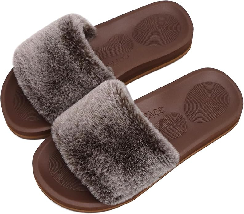 COFACE Womens Sliders Plush House Slippers Flat Sandals For Women Memory Foam Fuzzy Open Toe Slip... | Amazon (US)