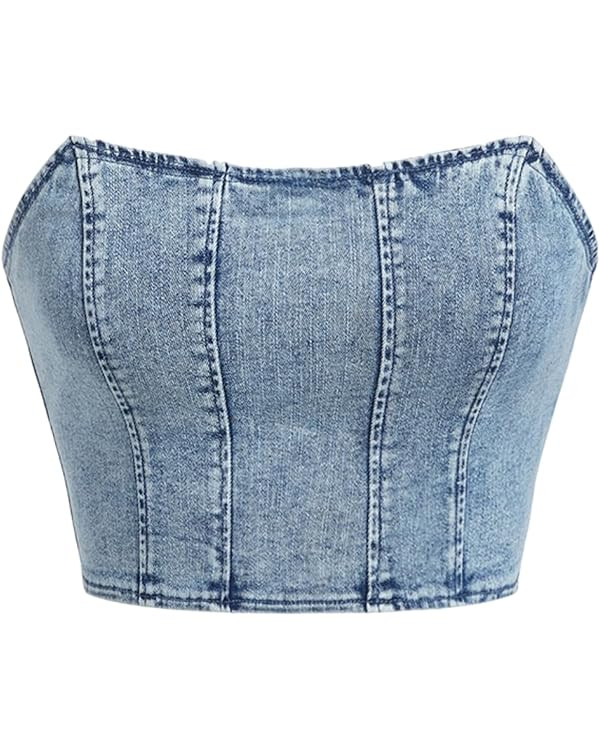 GORGLITTER Women's Sexy Zip Up Backless Strapless Denim Tube Top Sleeveless Crop Denim Tops | Amazon (US)