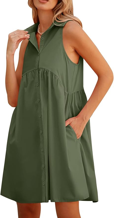 DEEP SELF Women Summer Collared Shirt Dress Casual Loose Button Down Short Dress V Neck Tunic Min... | Amazon (US)