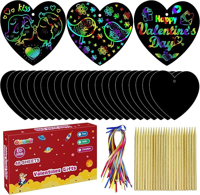 OHOME Valentines Day Crafts for Kids - 48 PCS Valentine's Magic Rainbow Scratch Paper Cards Set,K... | Amazon (US)