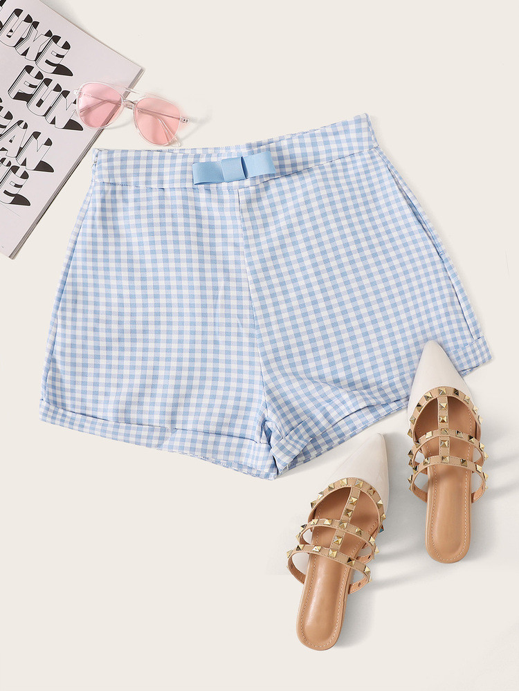 SHEIN Bow Detail Rolled Hem Gingham Shorts | SHEIN