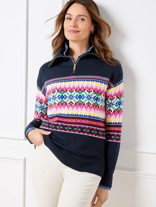 Half-Zip Mockneck Sweater - Stripe Fair Isle | Talbots