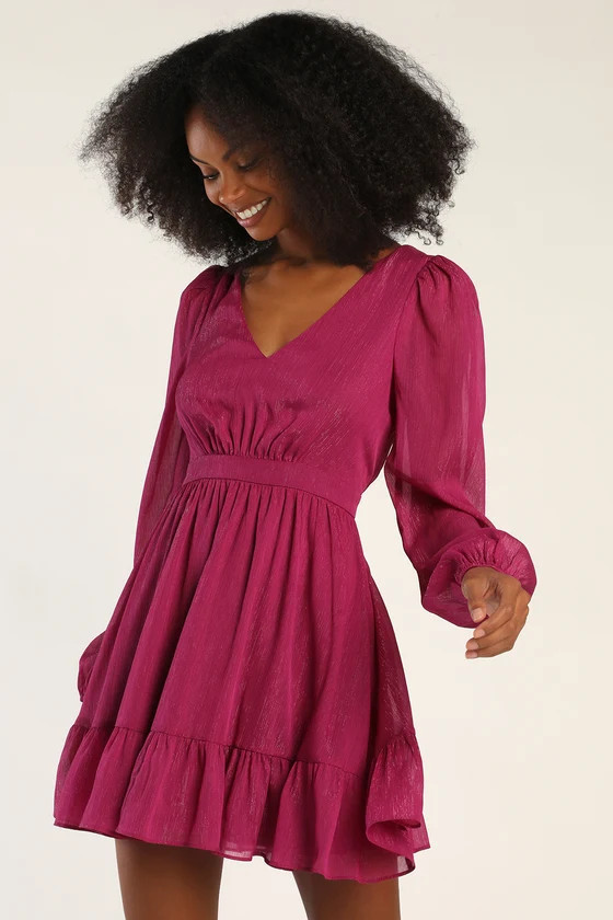 Sparkle All Day Magenta Lurex Long Sleeve Skater Mini Dress | Hot Pink Dress | Lulus (US)