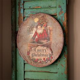 Embossed Metal Merry Christmas Santa Round Sign | Antique Farm House