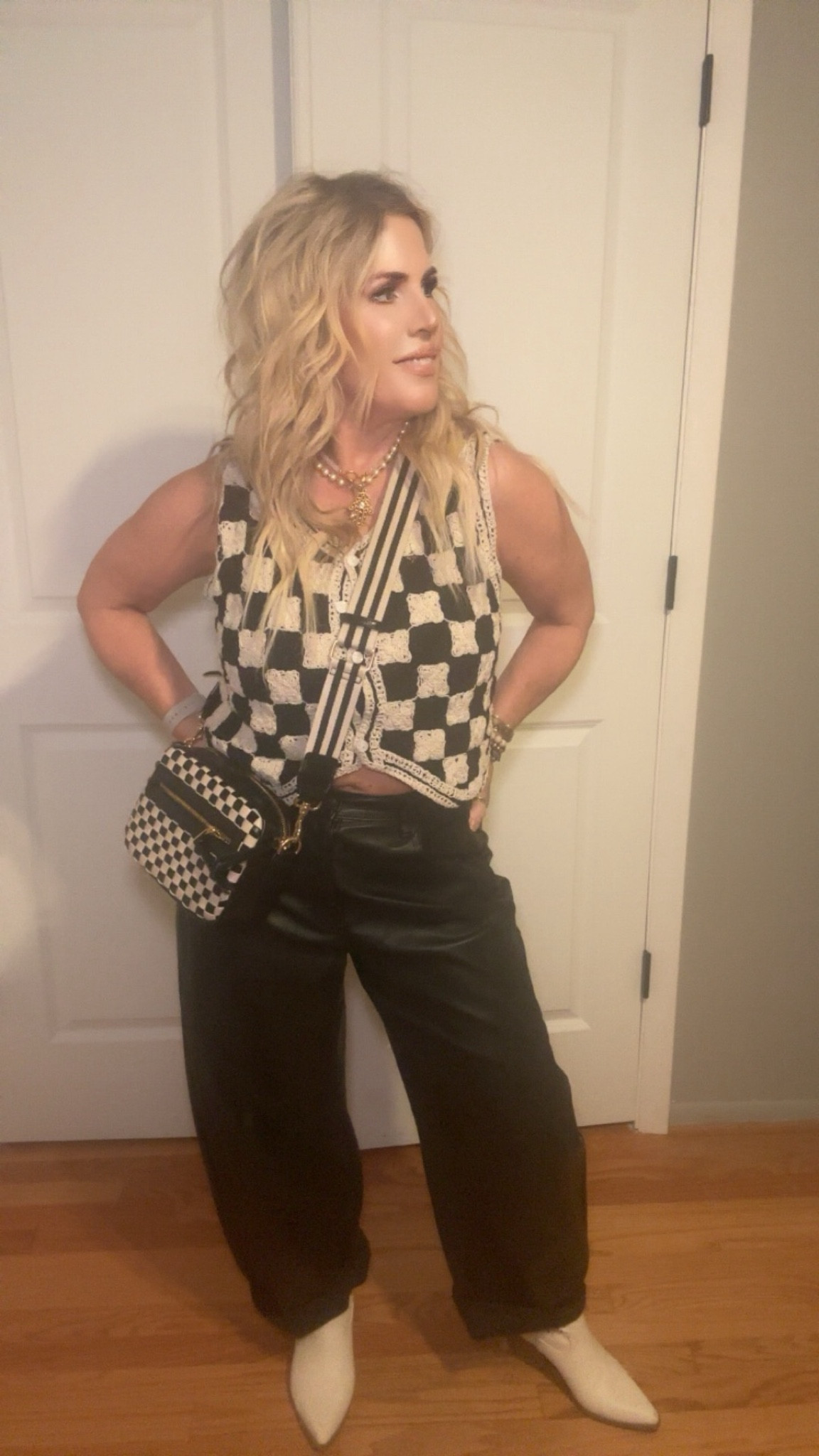 Loving the black leather barrel pants from @ free people and checkered vest @ SHEIN  cowboy booties @target 

#LTKBeauty #LTKStyleTip