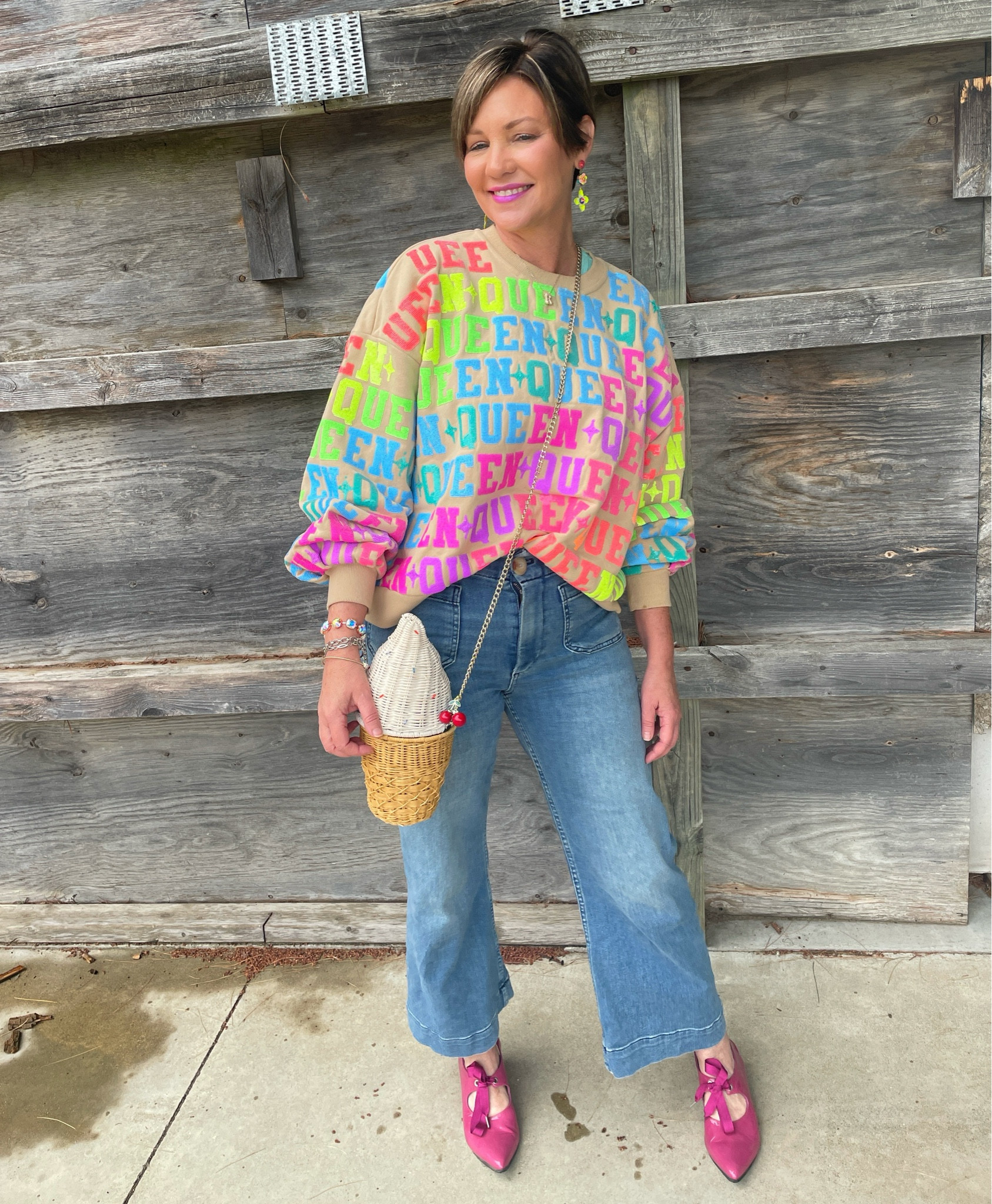 Be the queen of everything in this neon sparkle queen sweatshirt and stretchy soft cropped jeans 

#LTKPetite #LTKOver40 #LTKStyleTip