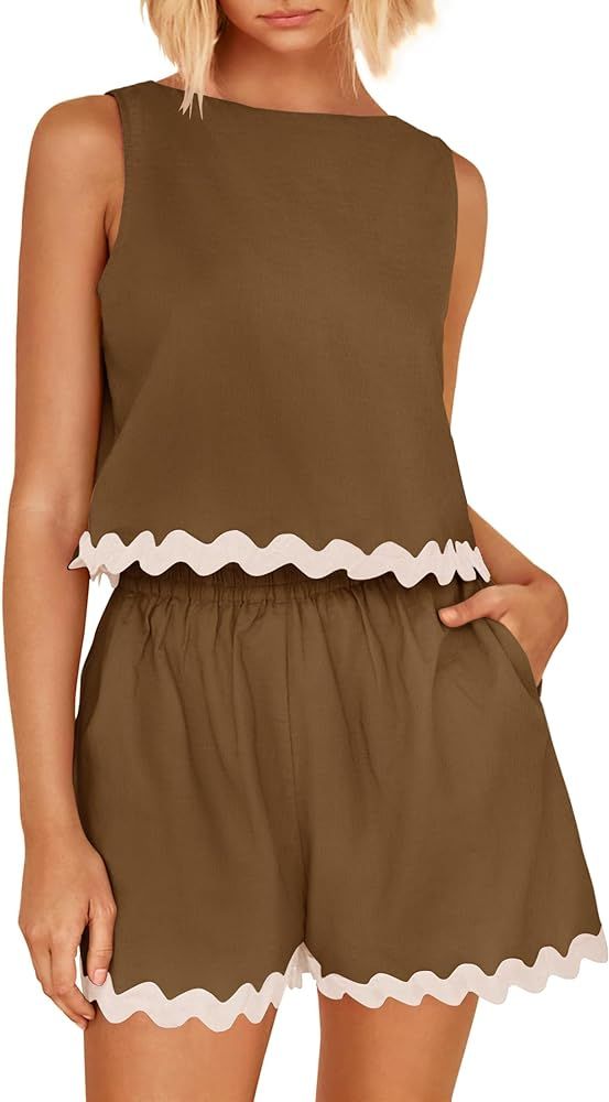 ZESICA Women's 2024 Summer 2 Piece Outfits Set Linen Lace Trim Crewneck Tank Crop Top and Shorts ... | Amazon (US)