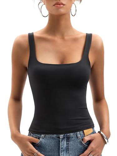 Womens Square Neck Tank Tops Double Lined Basic Tanks Sleeveless 2025 Summer Collection | Amazon (US)