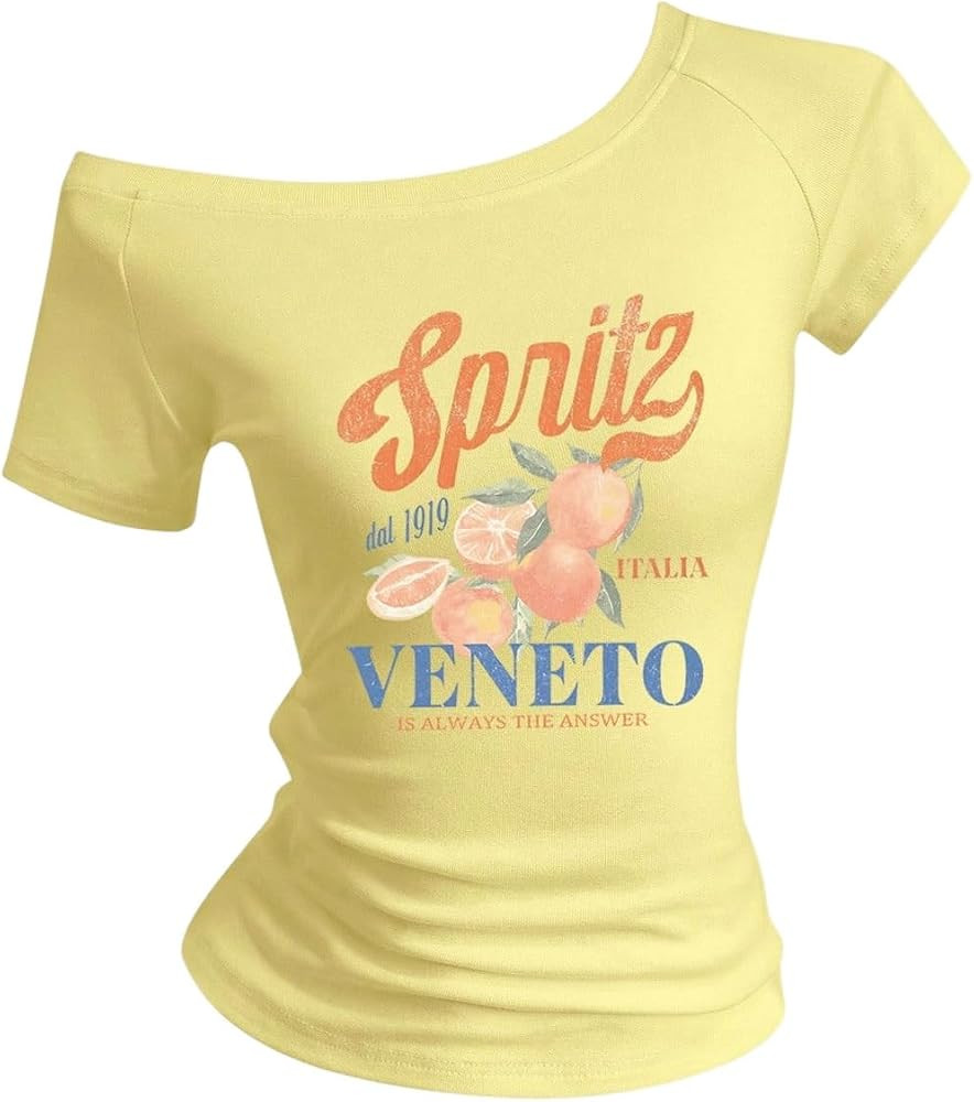 WDIRARA Women's Off The Shoulder Tops Short Sleeve Letter Graphic Tees Y2k Tops | Amazon (US)