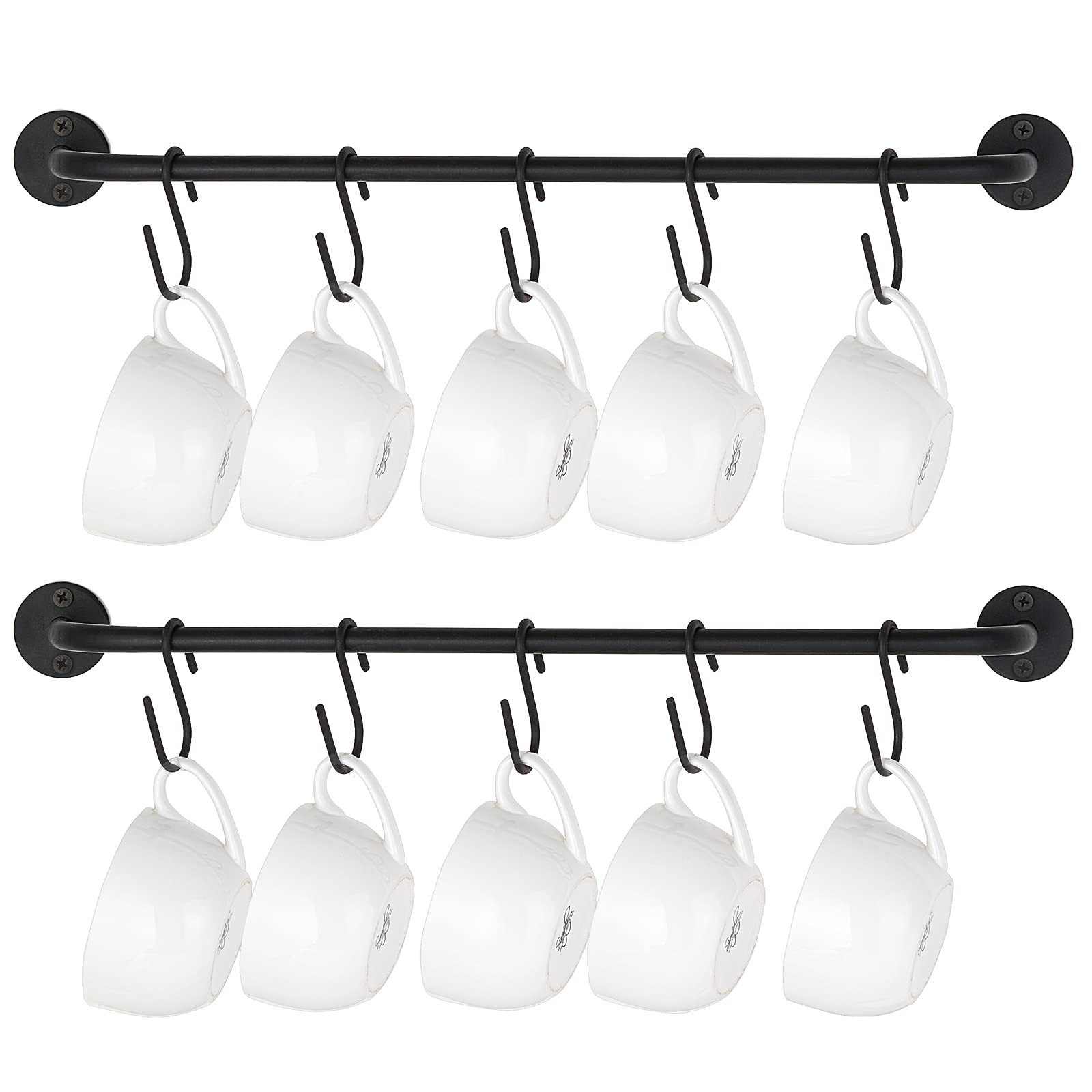 Mkono Mug Holder Wall Mounted Coffee Cup Rack Hanger Modern Metal with 10 Mug Hooks Rustic Utensil Tea Cups Storage Organizer for Kitchen Dining Room Coffee Bar, Set of 2, Black | Amazon (US)