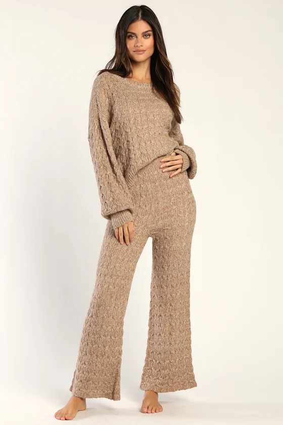 Twice the Cozy Taupe Cable Knit Wide-Leg Lounge Pants | Lulus (US)
