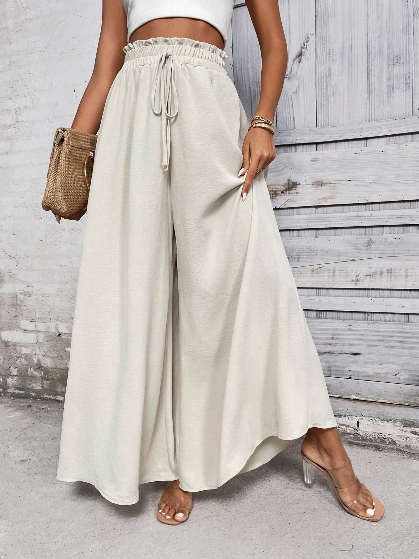 SHEIN LUNE Paperbag Waist Knot Front Wide Leg Pants | SHEIN